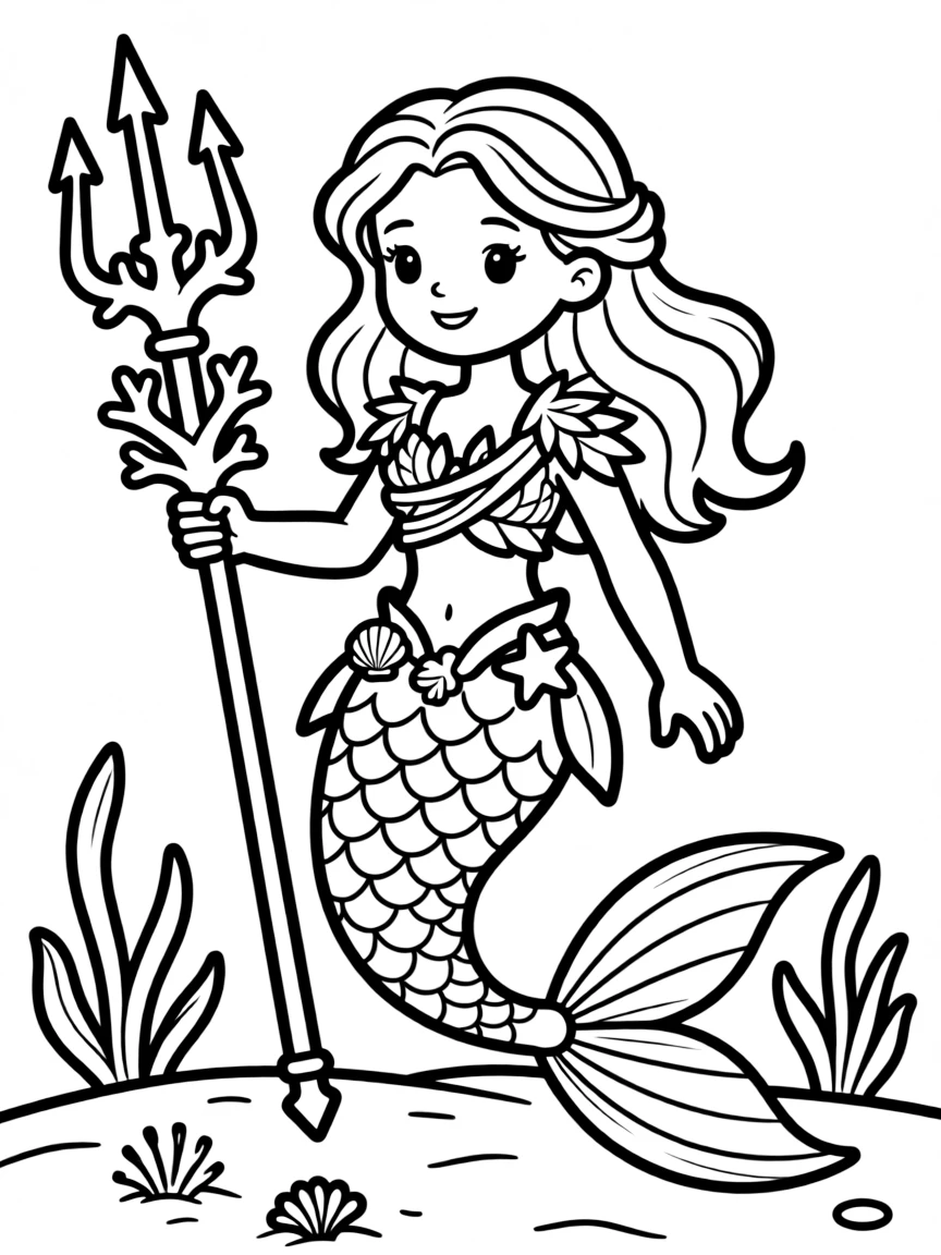 Warrior mermaid with seaweed armor and a trident made of coral