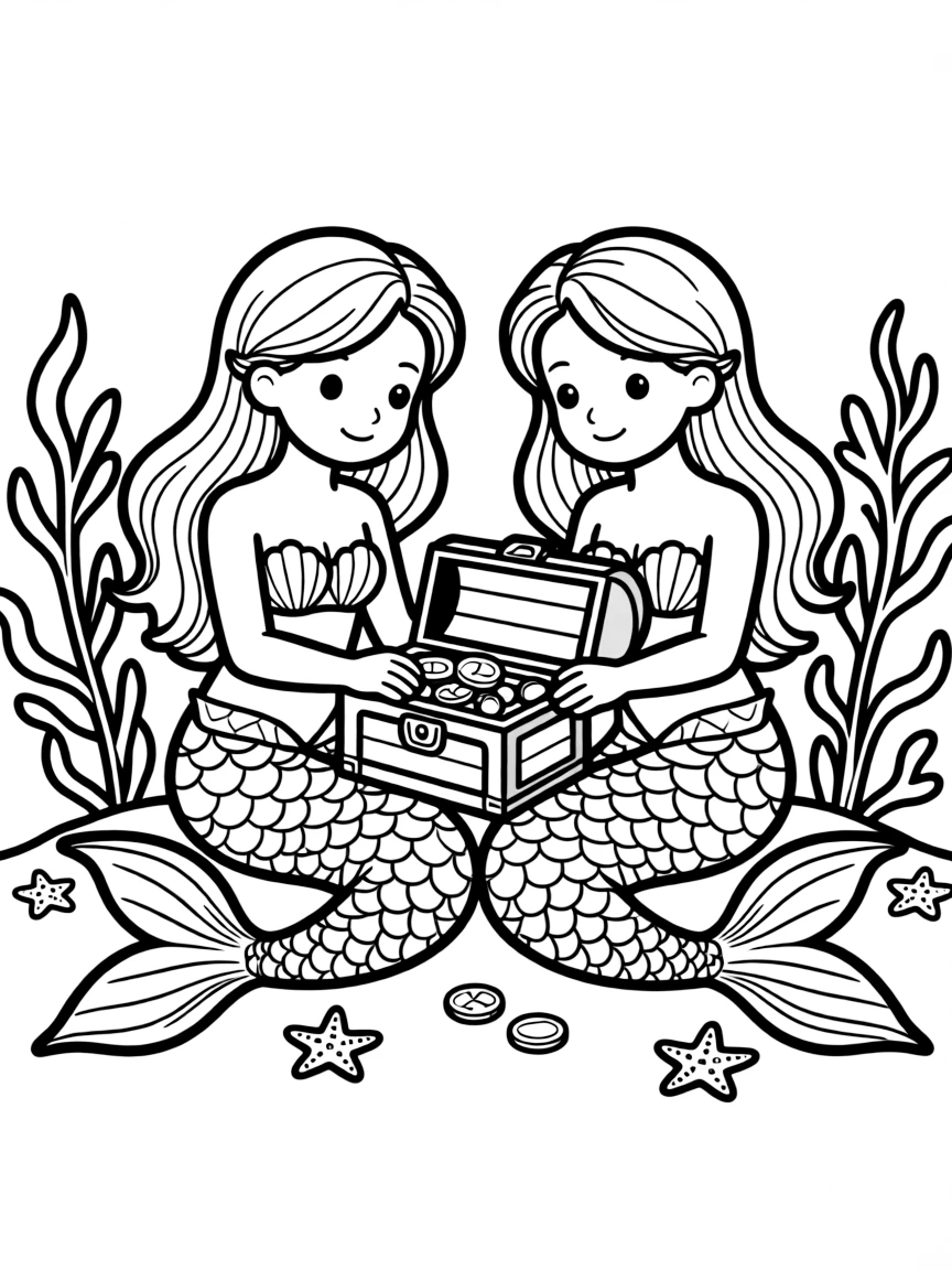 Twin mermaid sisters with intertwined tails, sharing a treasure chest