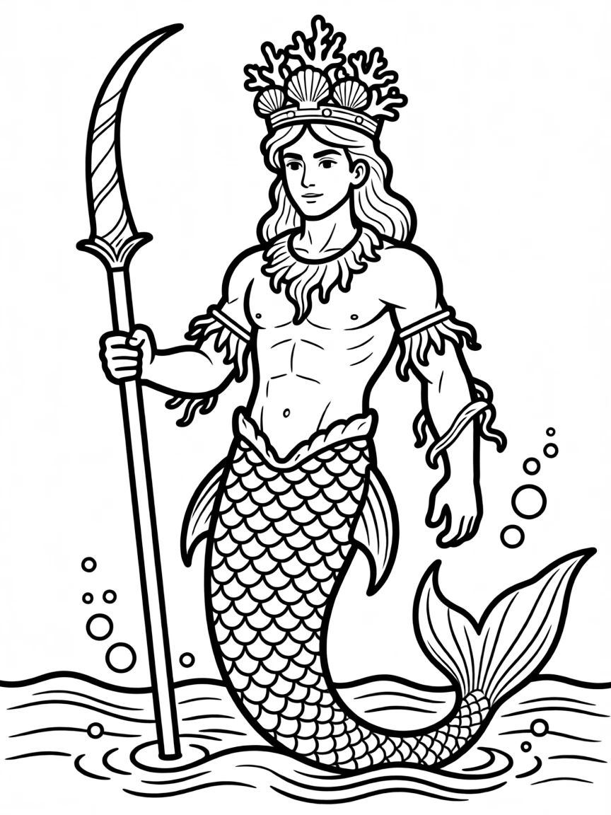 Merman king with an elaborate crown and muscular upper body, holding a staff made from narwhal tusk