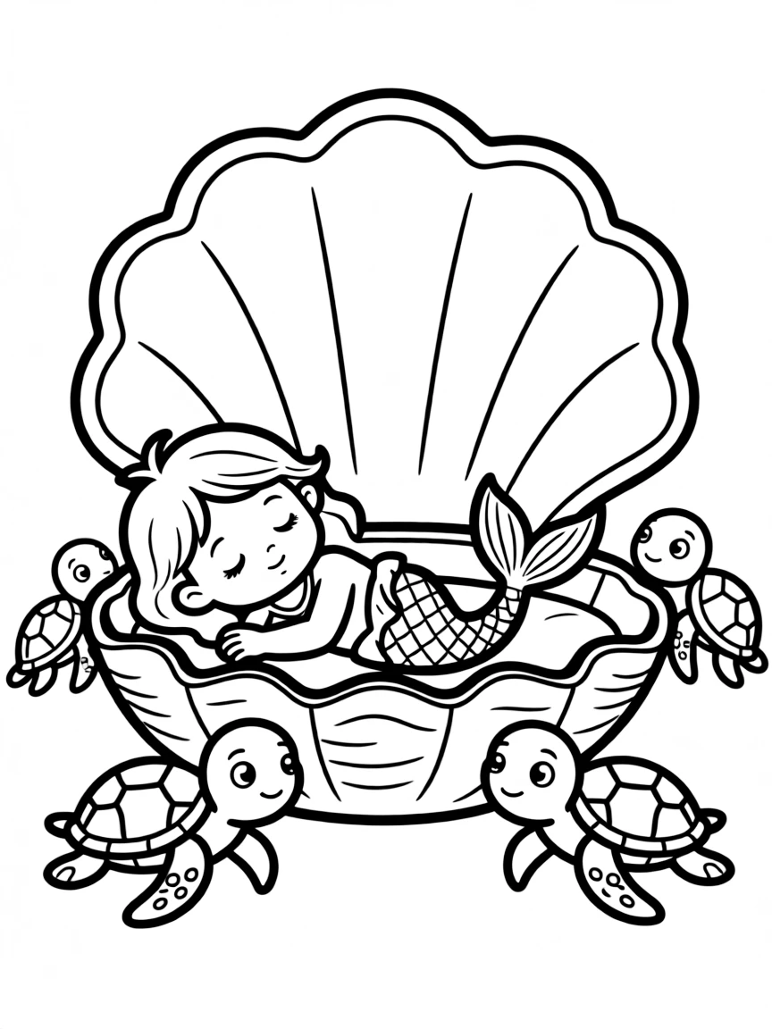 Baby mermaid in a shell crib being rocked by sea turtles