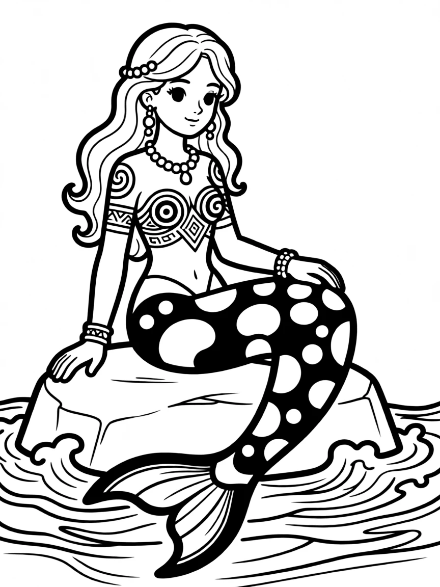 Mermaid with an orca-inspired tail pattern wearing tribal markings and jewelry