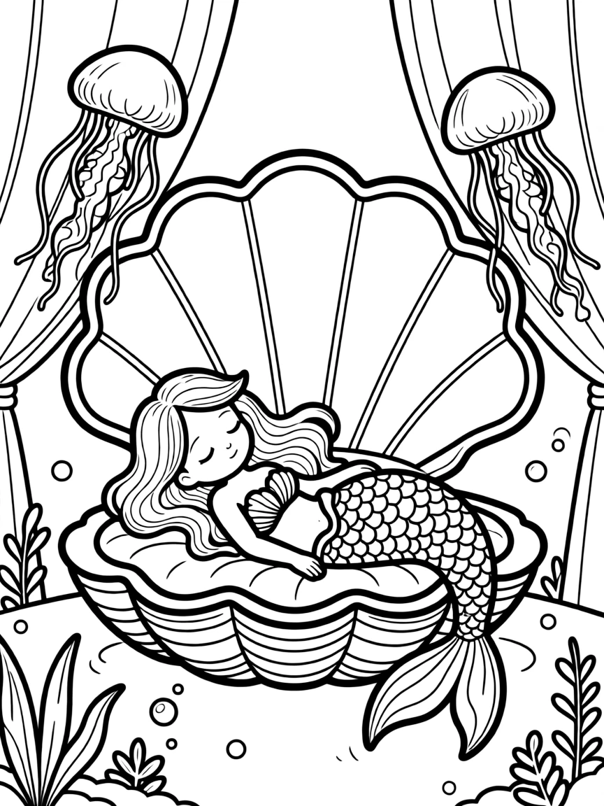 Sleeping mermaid nestled in a giant clam bed with translucent curtains of jellyfish tendrils