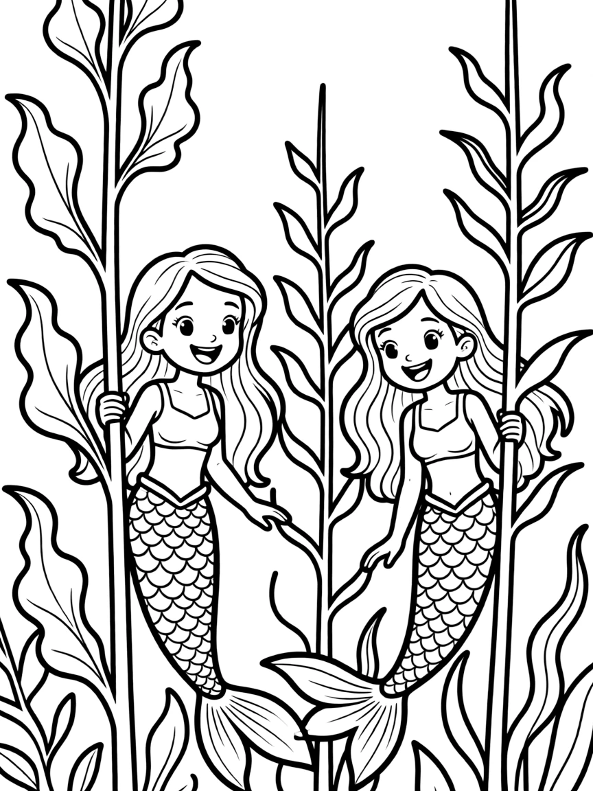 Mermaids playing hide and seek among tall kelp forests