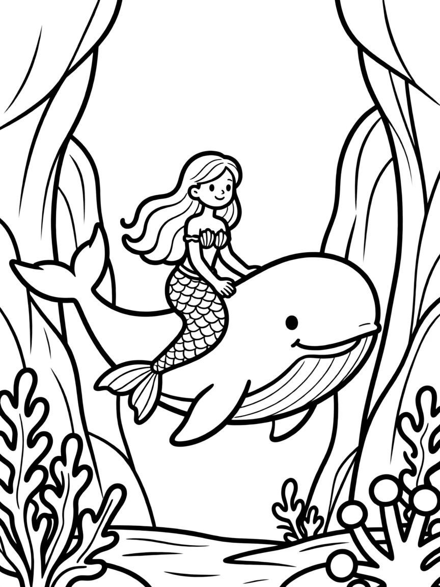 Mermaid riding on the back of a friendly whale through an underwater canyon