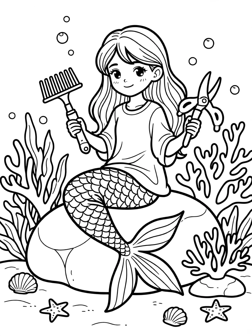 Mermaid gardener tending to a coral garden with specialized tools