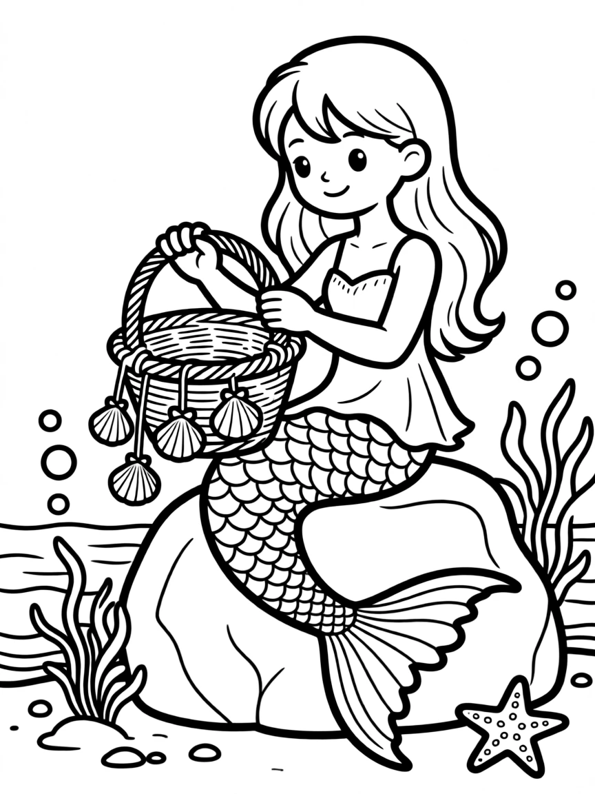 Mermaid weaving a basket from flexible seaweed and decorating it with shells