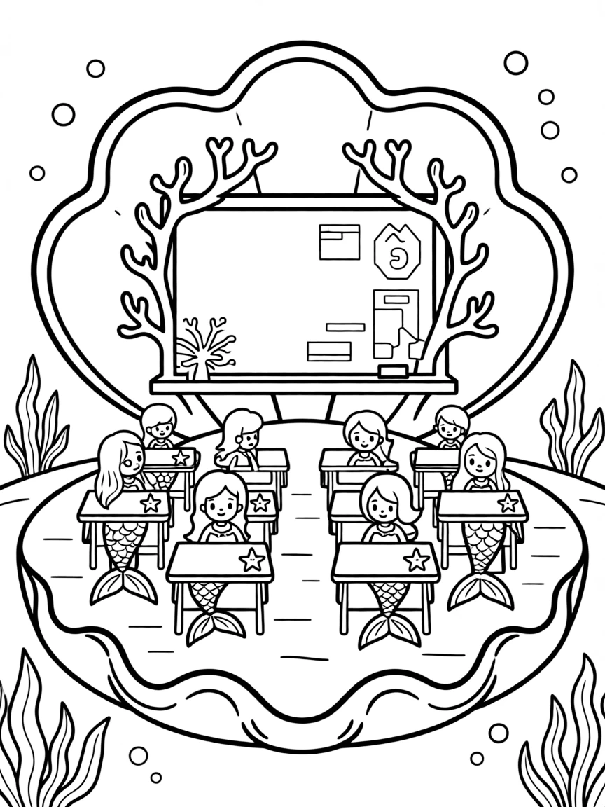Mermaid schoolhouse with students at shell desks and a coral chalkboard