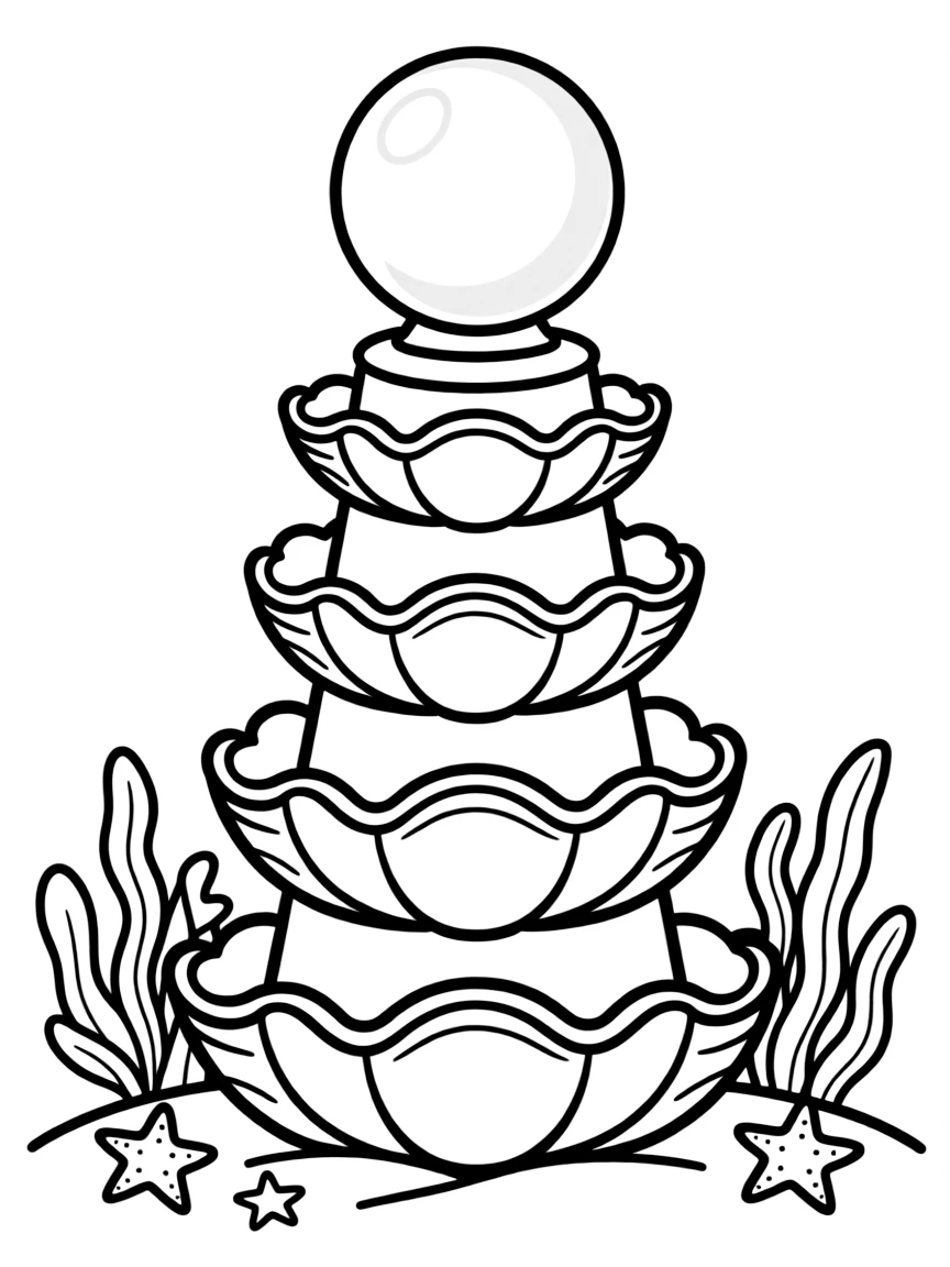 Mermaid lighthouse constructed from stacked giant clams with a pearl beacon