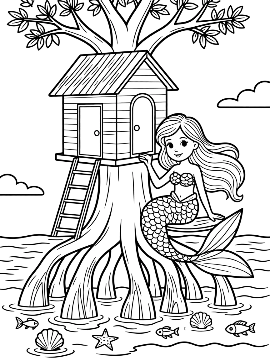 Mermaid treehouse built in submarine mangrove roots near the surface