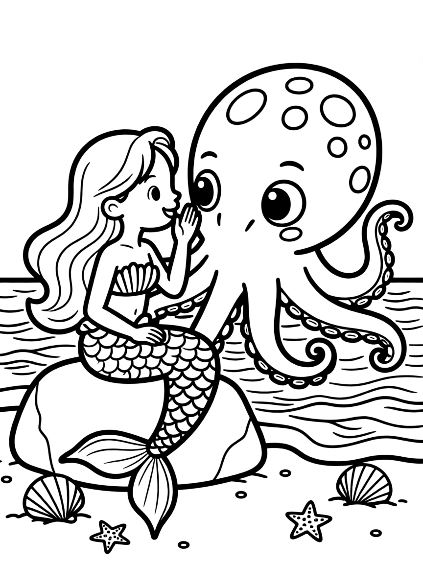 Mermaid whispering secrets to a giant octopus
