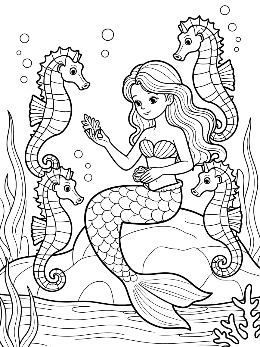 Mermaid taming wild seahorses with gentle gestures and treats