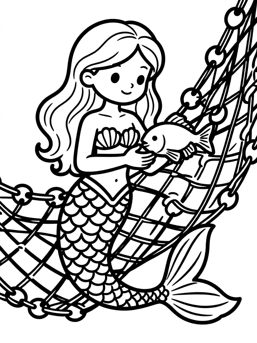 Mermaid rescuing a small fish from a tangle of discarded fishing net