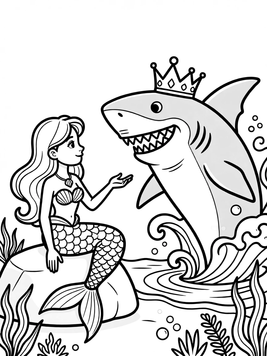 Mermaid negotiating with the intimidating king of sharks