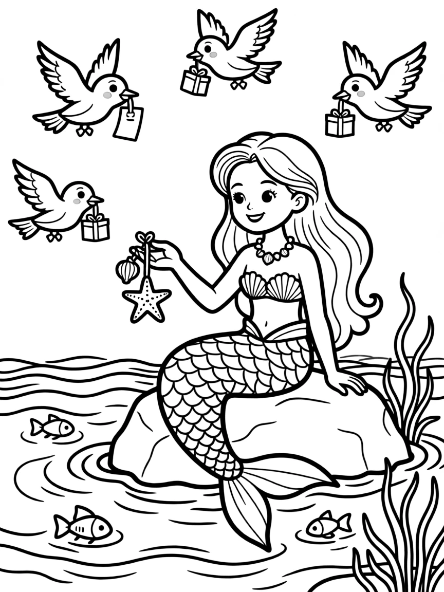 Mermaid receiving gifts and messages from helpful seabirds