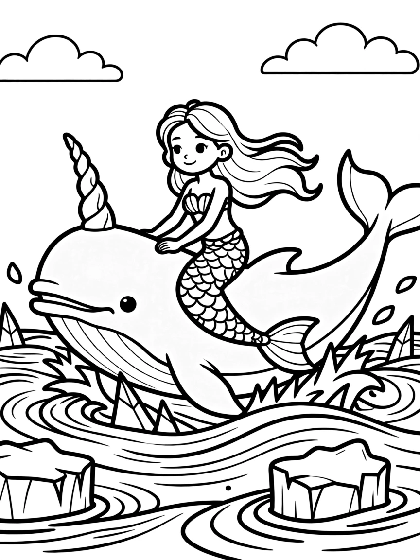 Mermaid riding a narwhal through dangerous icy waters