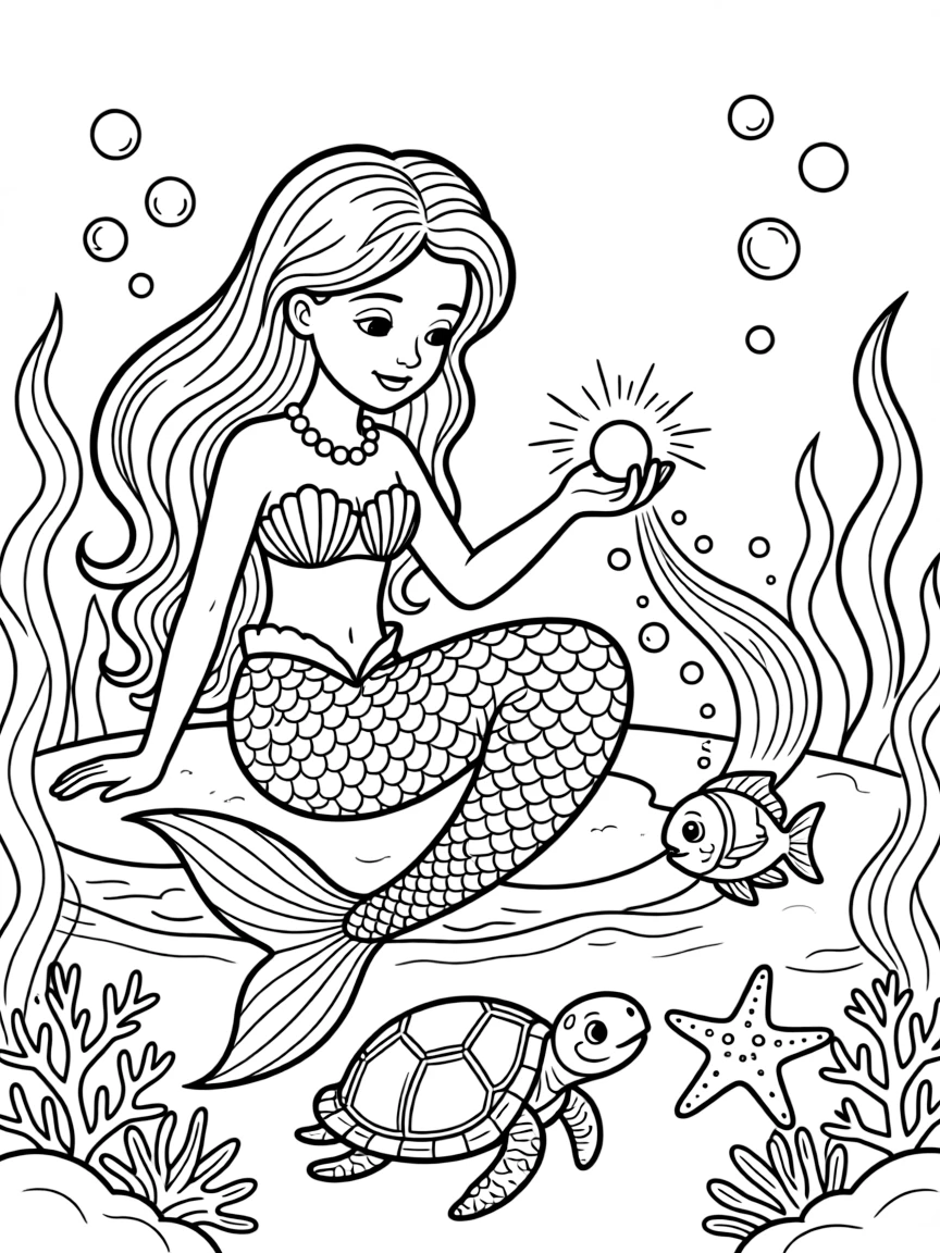 Mermaid using pearl magic to heal injured sea creatures