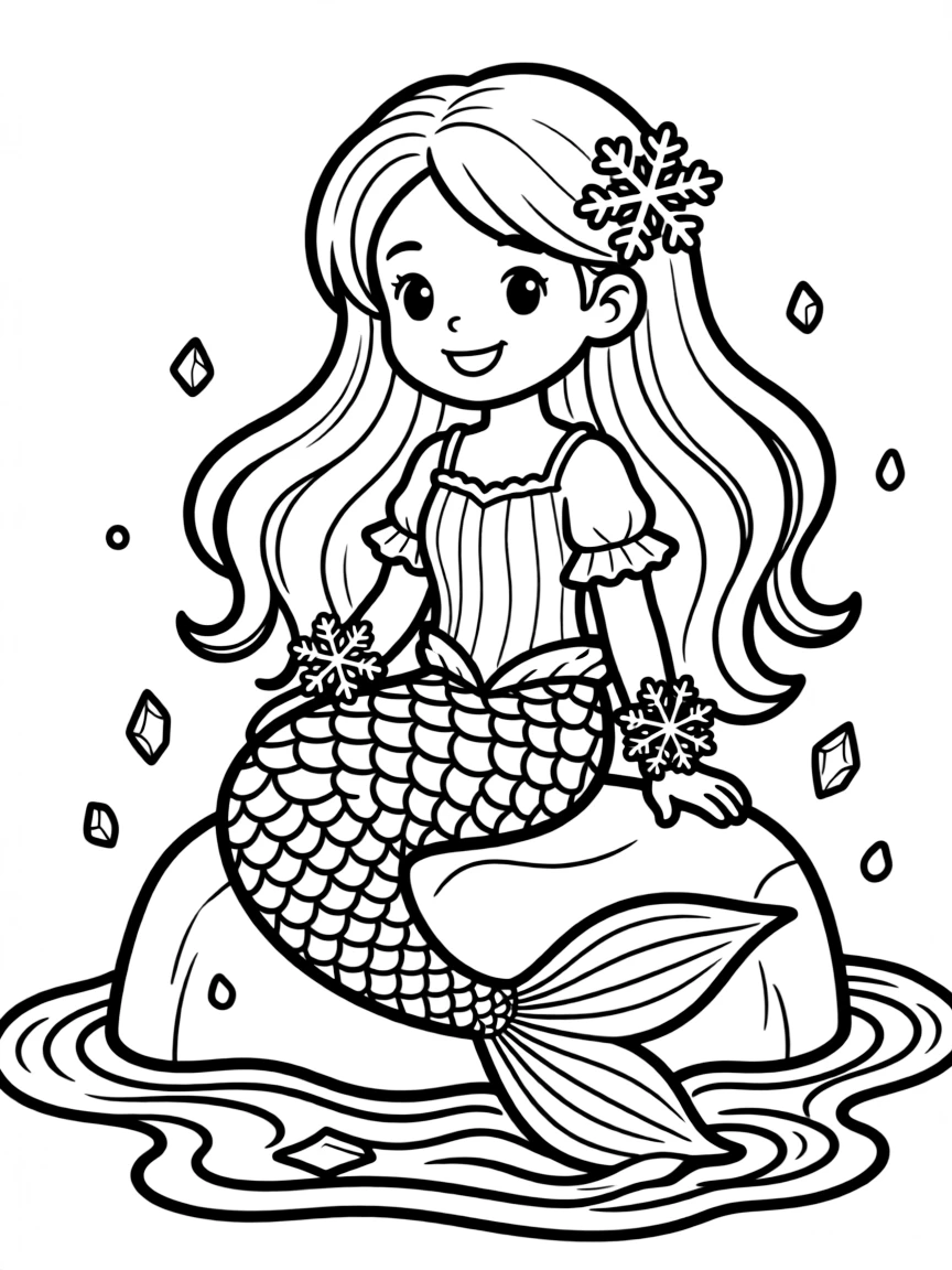 Winter mermaid with an icy blue tail and snowflake accessories