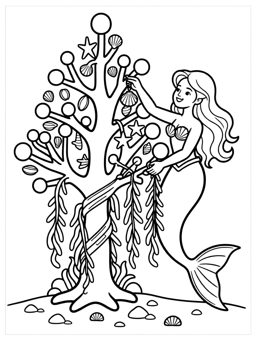 Christmas mermaid decorating a coral tree with shell ornaments and kelp garlands