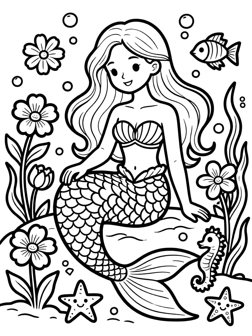 Spring mermaid surrounded by newly blooming sea flowers and baby sea creatures
