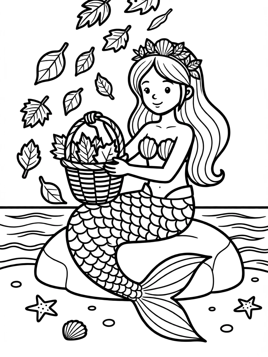 Autumn mermaid collecting colorful falling sea leaves in a woven basket
