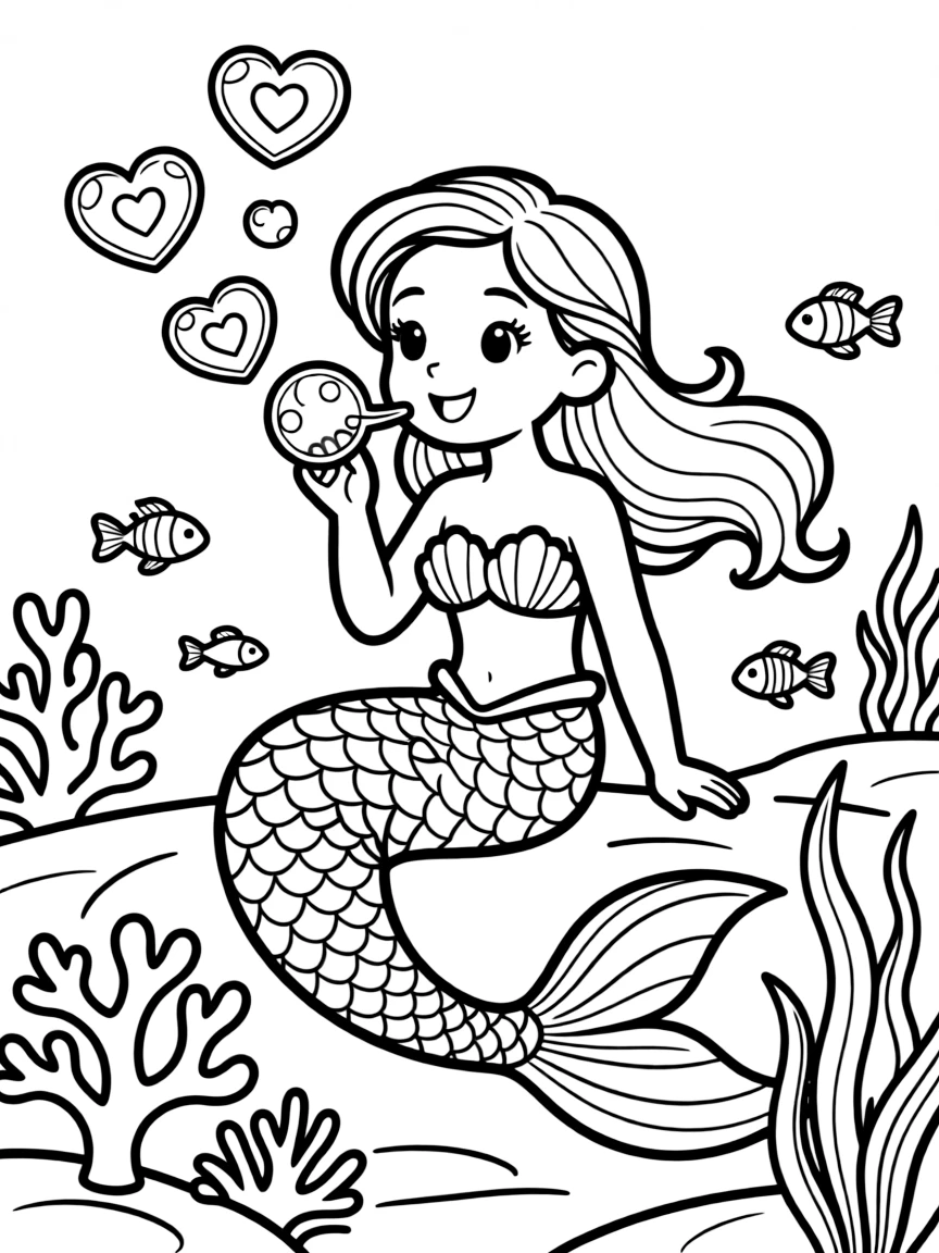 Valentine's Day mermaid creating heart-shaped bubbles for underwater messages