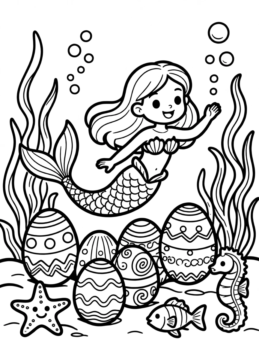 Easter mermaid hiding colorful pearl eggs for young merfolk to find