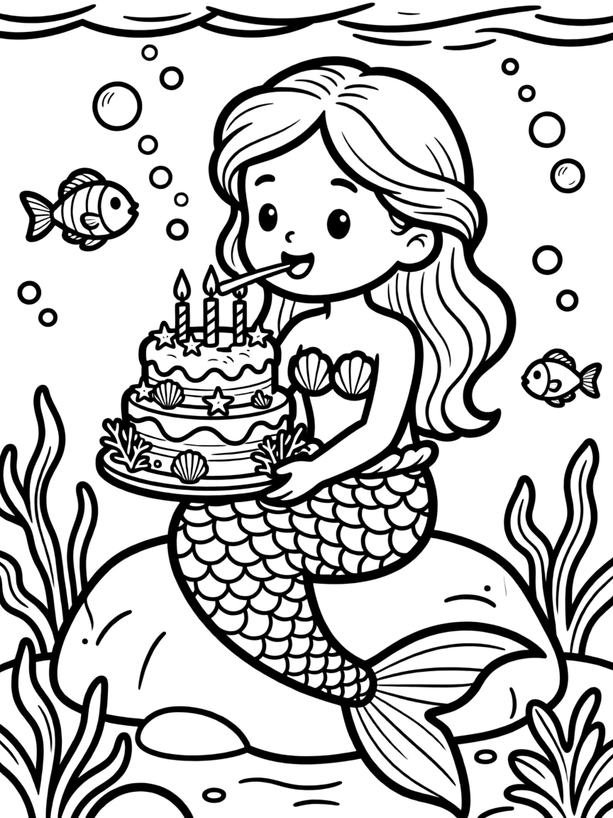 Birthday mermaid blowing out candles on a special seaweed cake