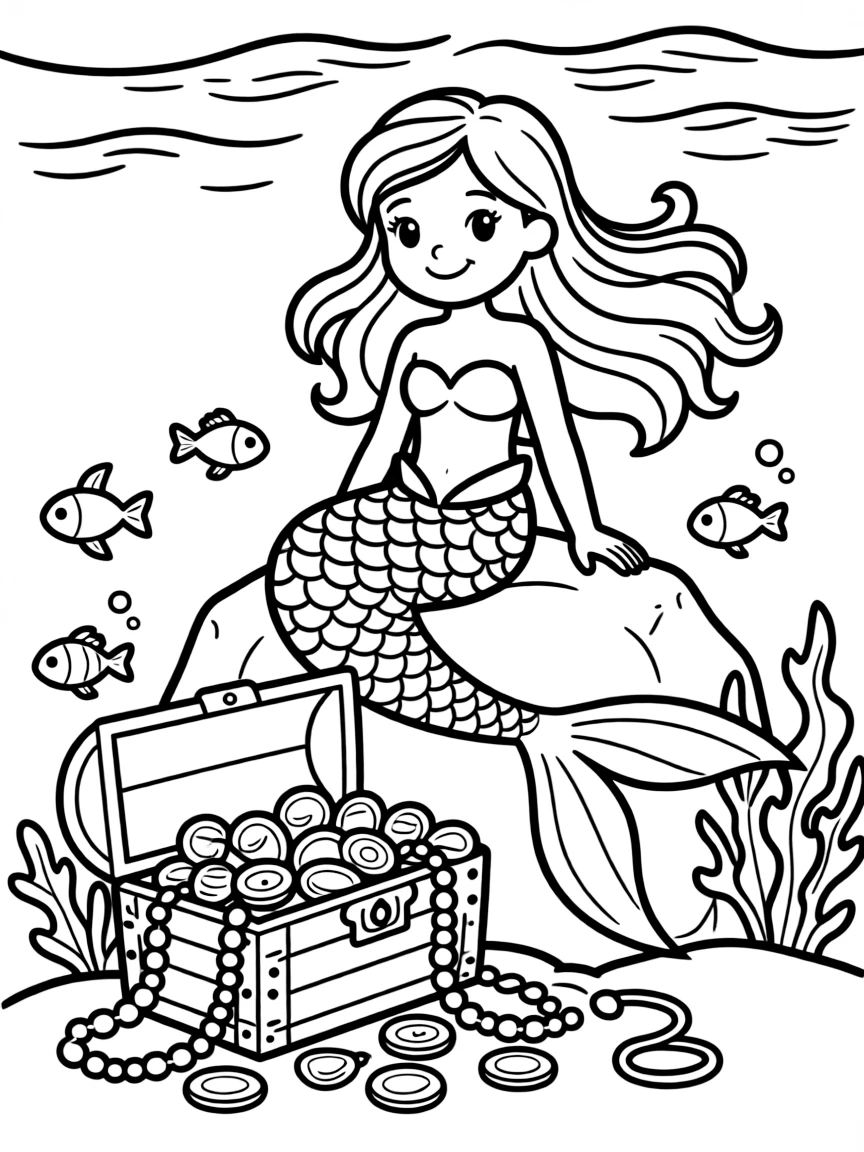 Mermaid discovering a chest filled with human coins and jewelry