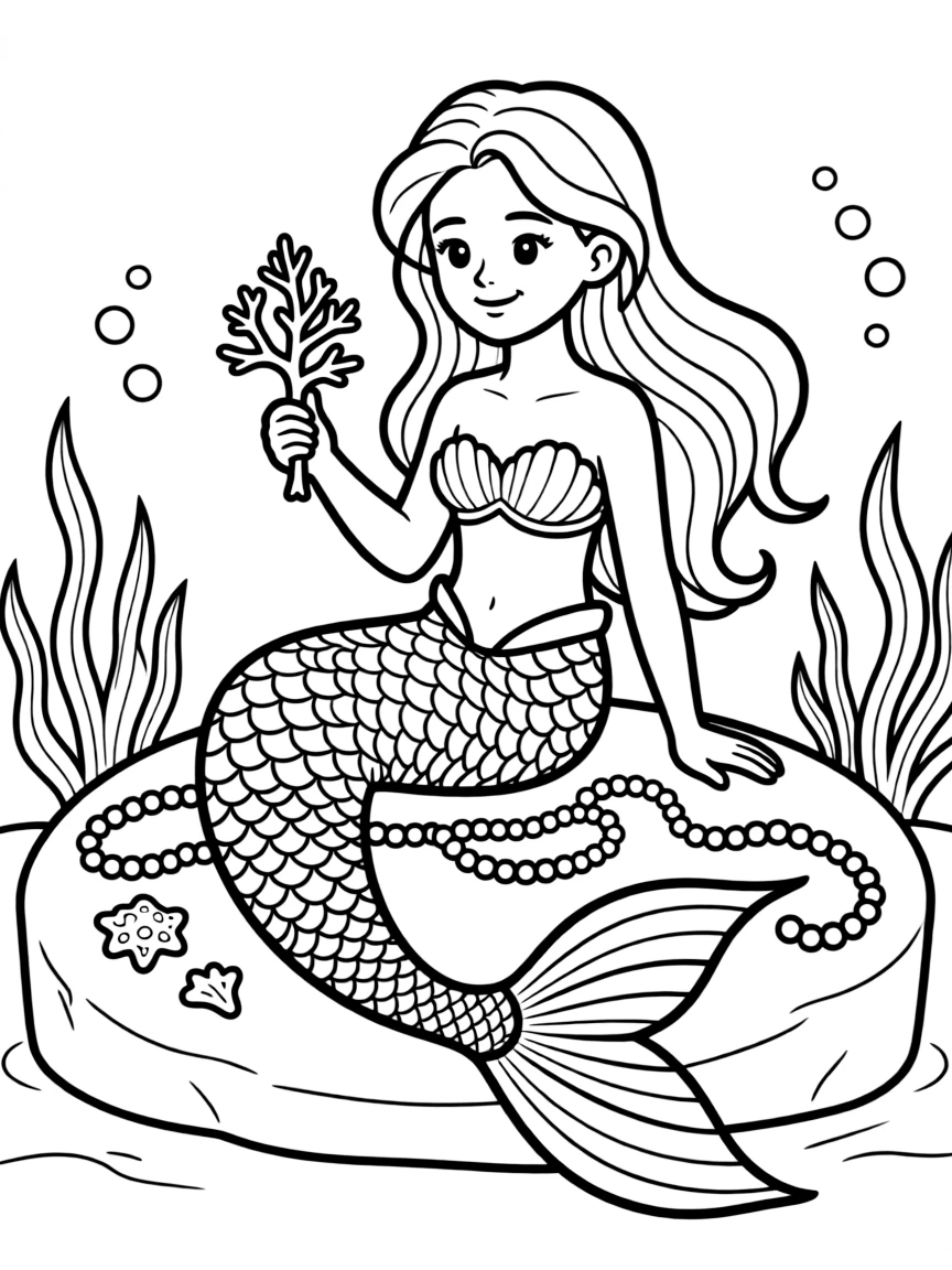 Mermaid jeweler crafting ornate accessories from coral and pearls