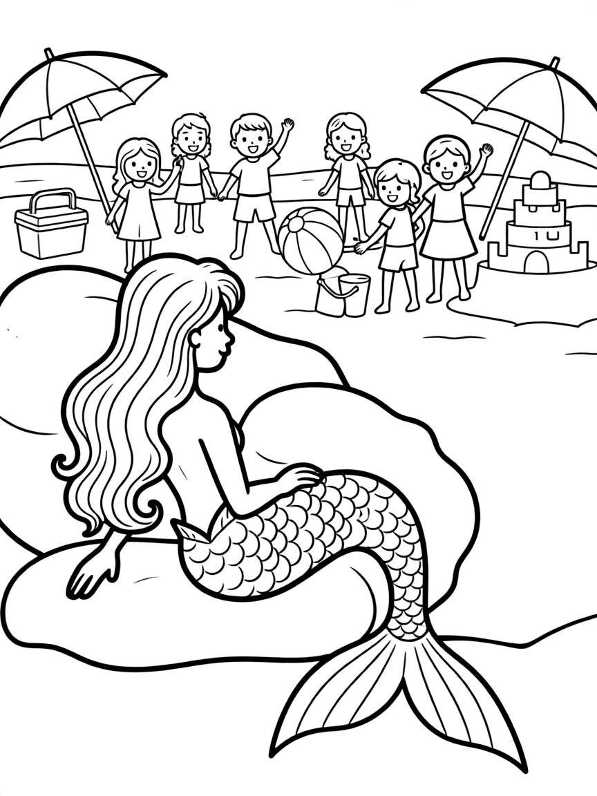 Mermaid secretly watching a human beach party from behind rocks