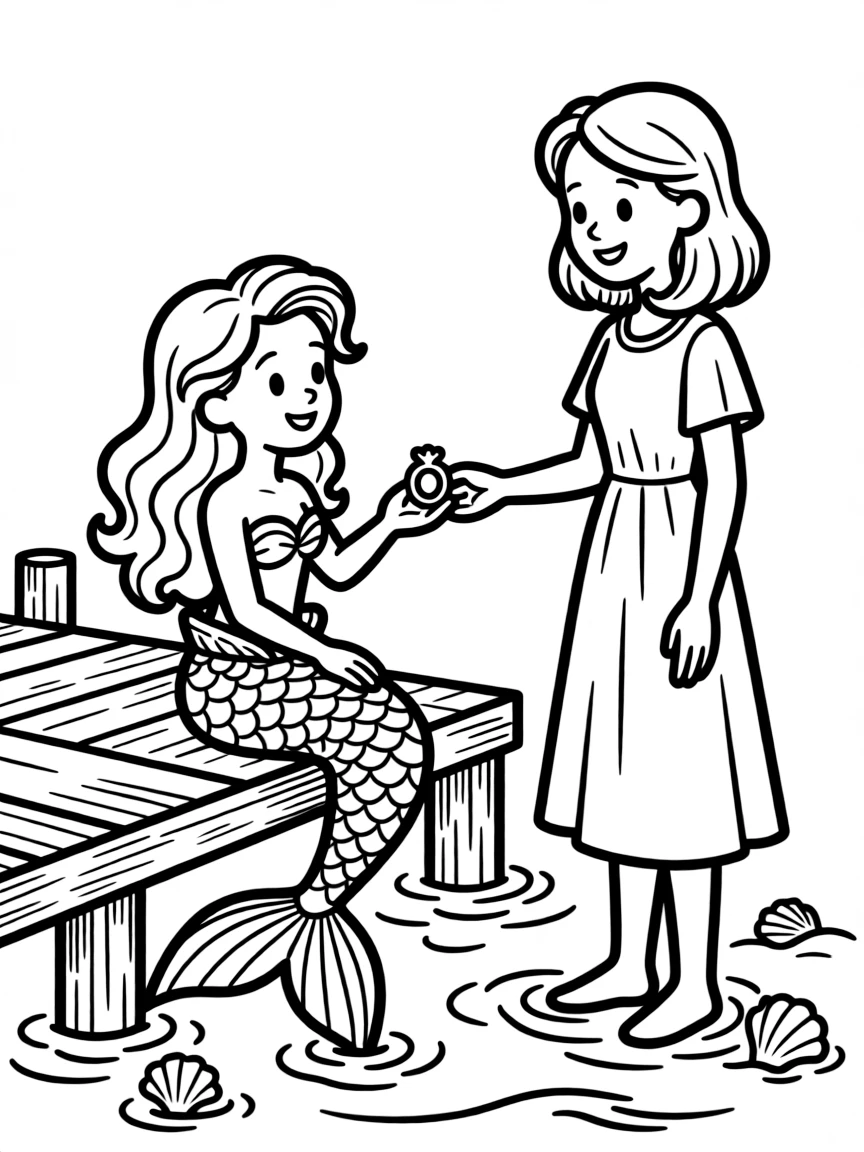 Mermaid returning a lost wedding ring to a woman on a dock