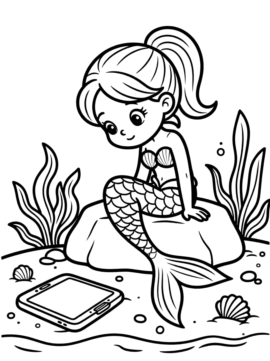 Mermaid curiously examining a dropped smartphone on the ocean floor