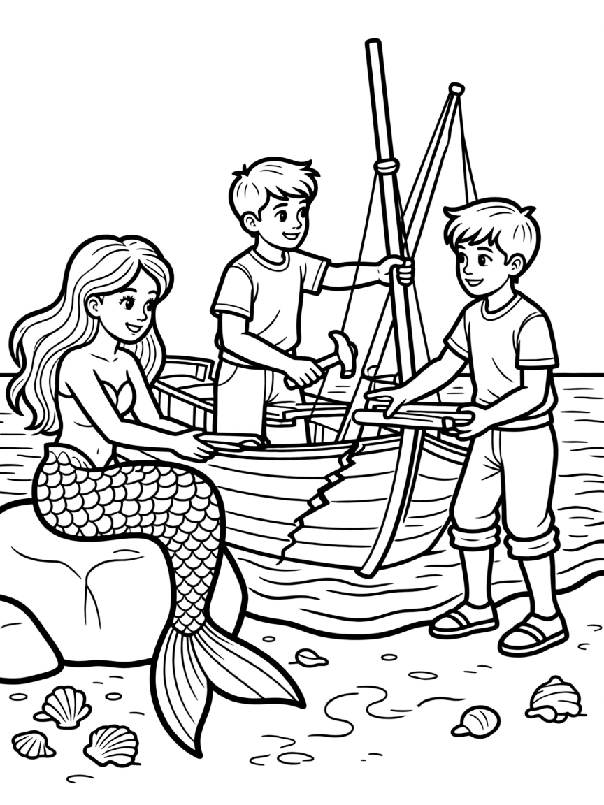 Mermaid helping stranded sailors fix their damaged boat