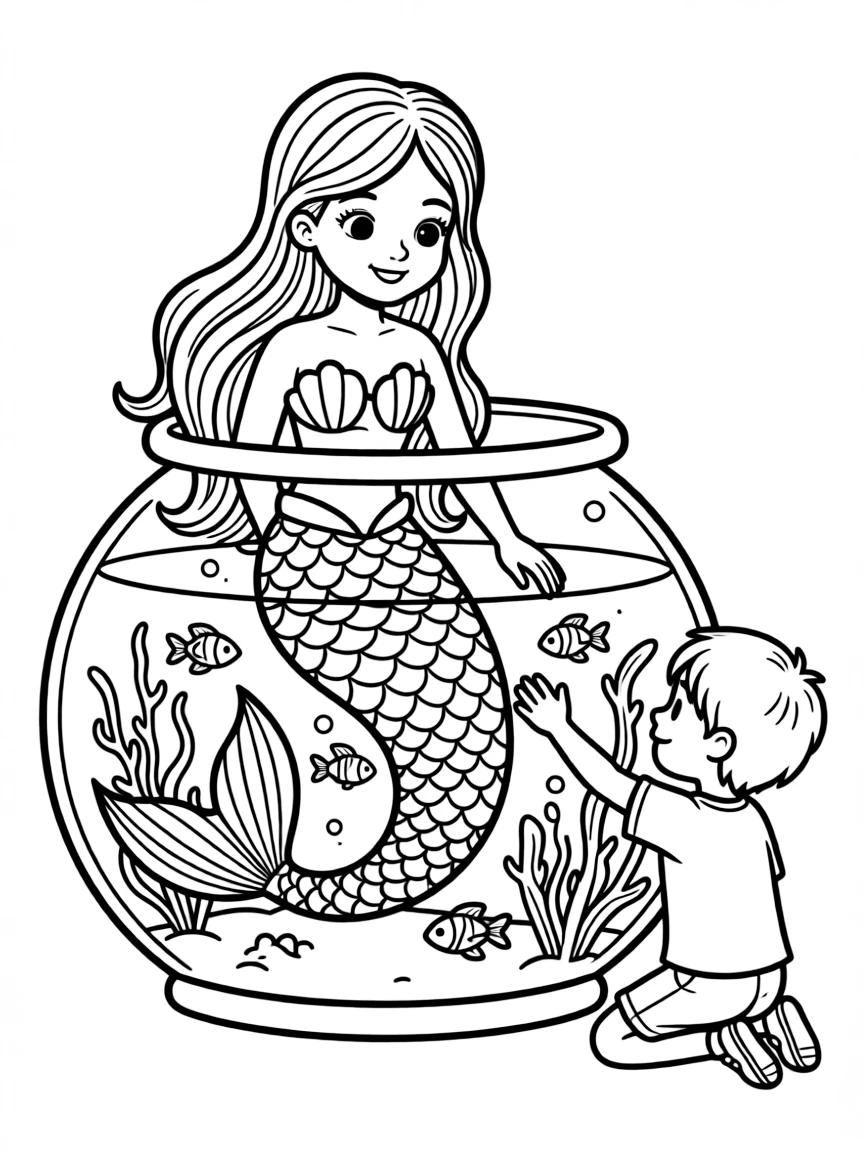 Mermaid and human child making friends through an aquarium glass