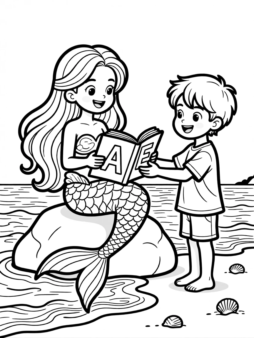 Mermaid learning to read from a waterproof book given by a human friend