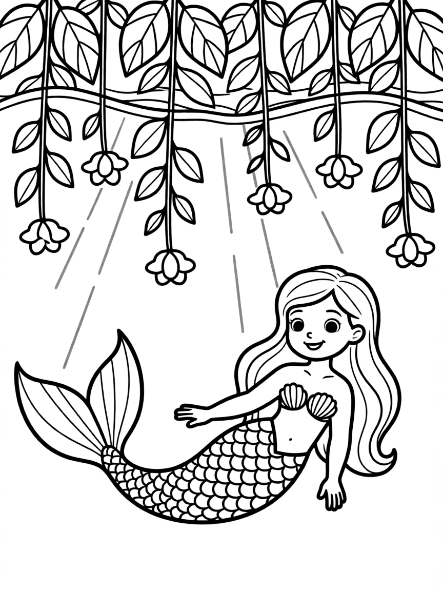 Mermaid floating garden with plants growing down from the water's surface