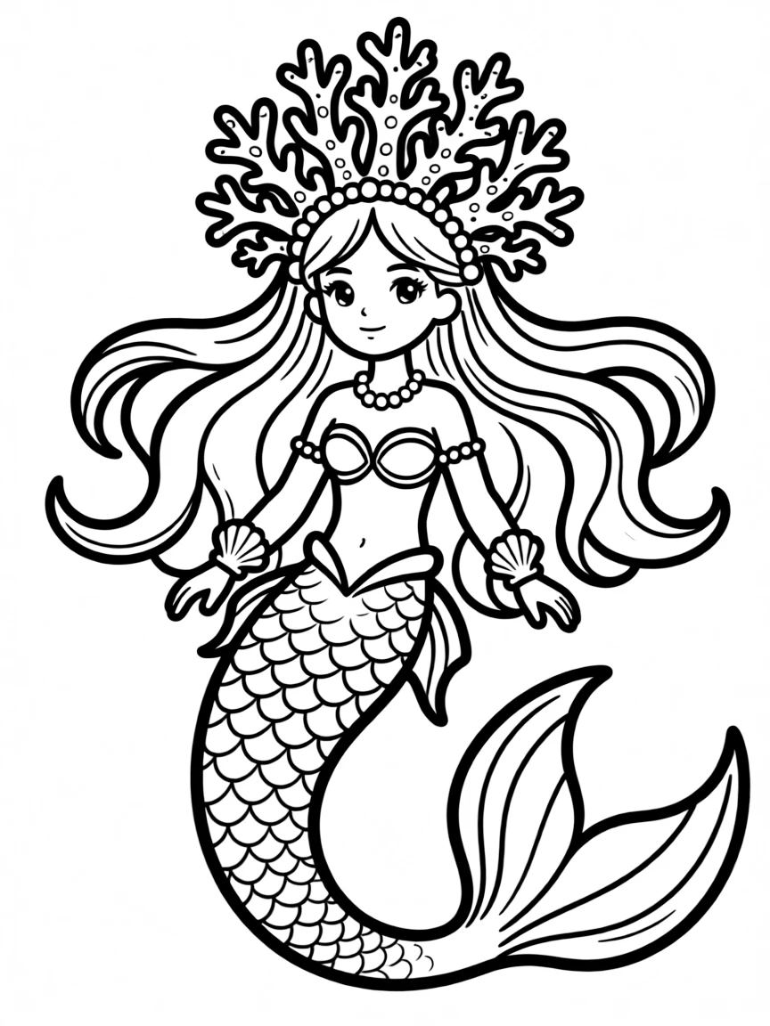 Mermaid wearing an elaborate headdress made of coral and flowing sea silk