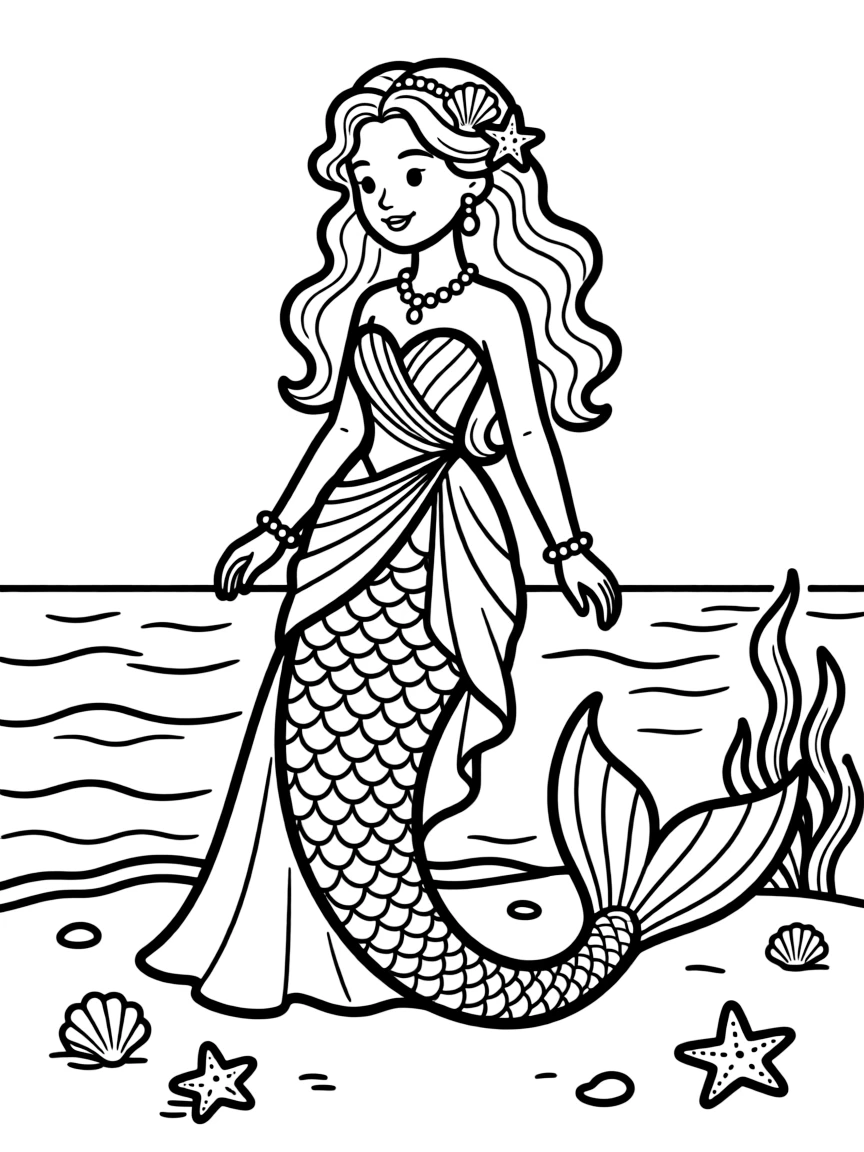 Mermaid wearing a formal gown made from specially woven sea silk for a royal ball