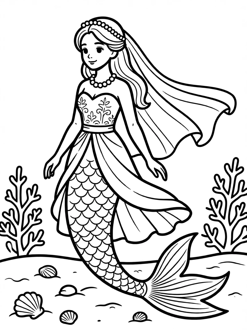 Mermaid bride in traditional wedding attire with pearls and flowing veil