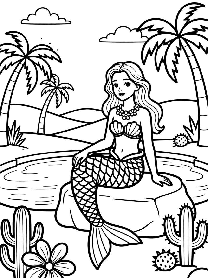 Desert oasis mermaid with adaptations for warmer waters and vibrant colors