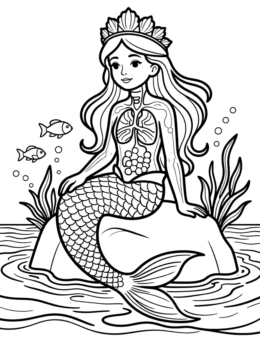 Oracle mermaid with translucent skin showing glowing internal organs