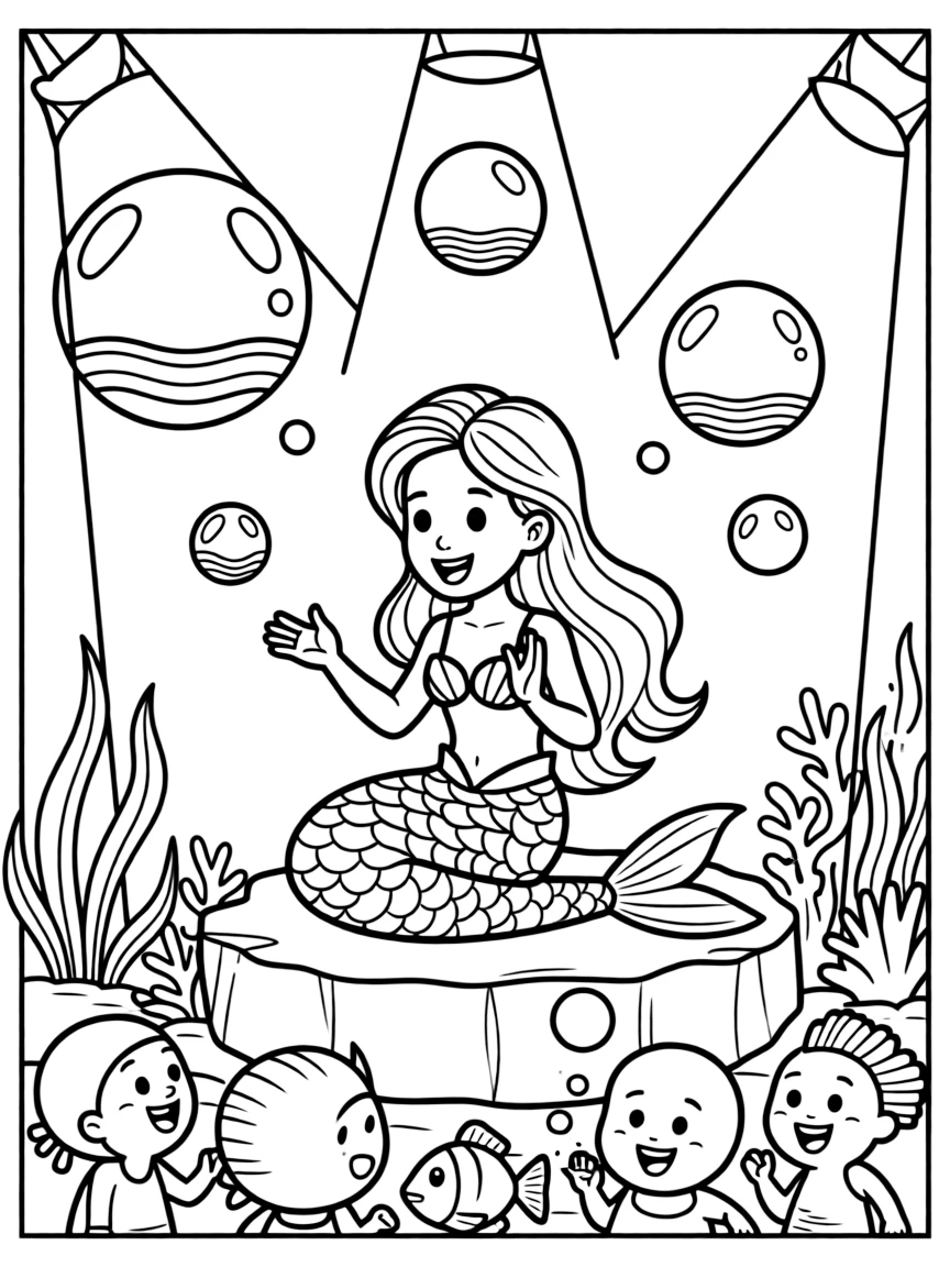 Mermaid theater performance using bubbles and light effects