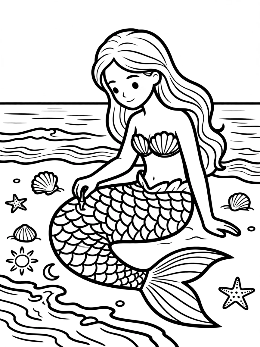 Mermaid storyteller using sand drawing to illustrate an ancient legend
