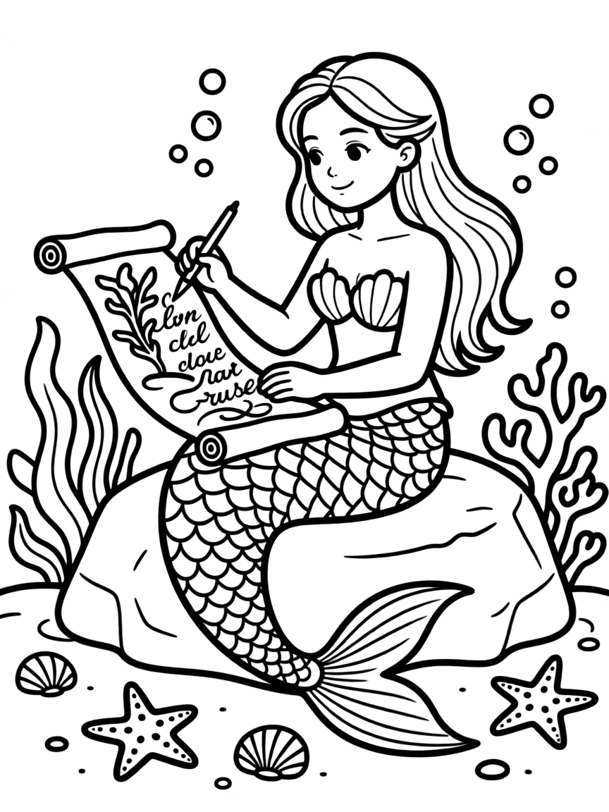 Mermaid calligrapher writing elegant script on preserved kelp scrolls