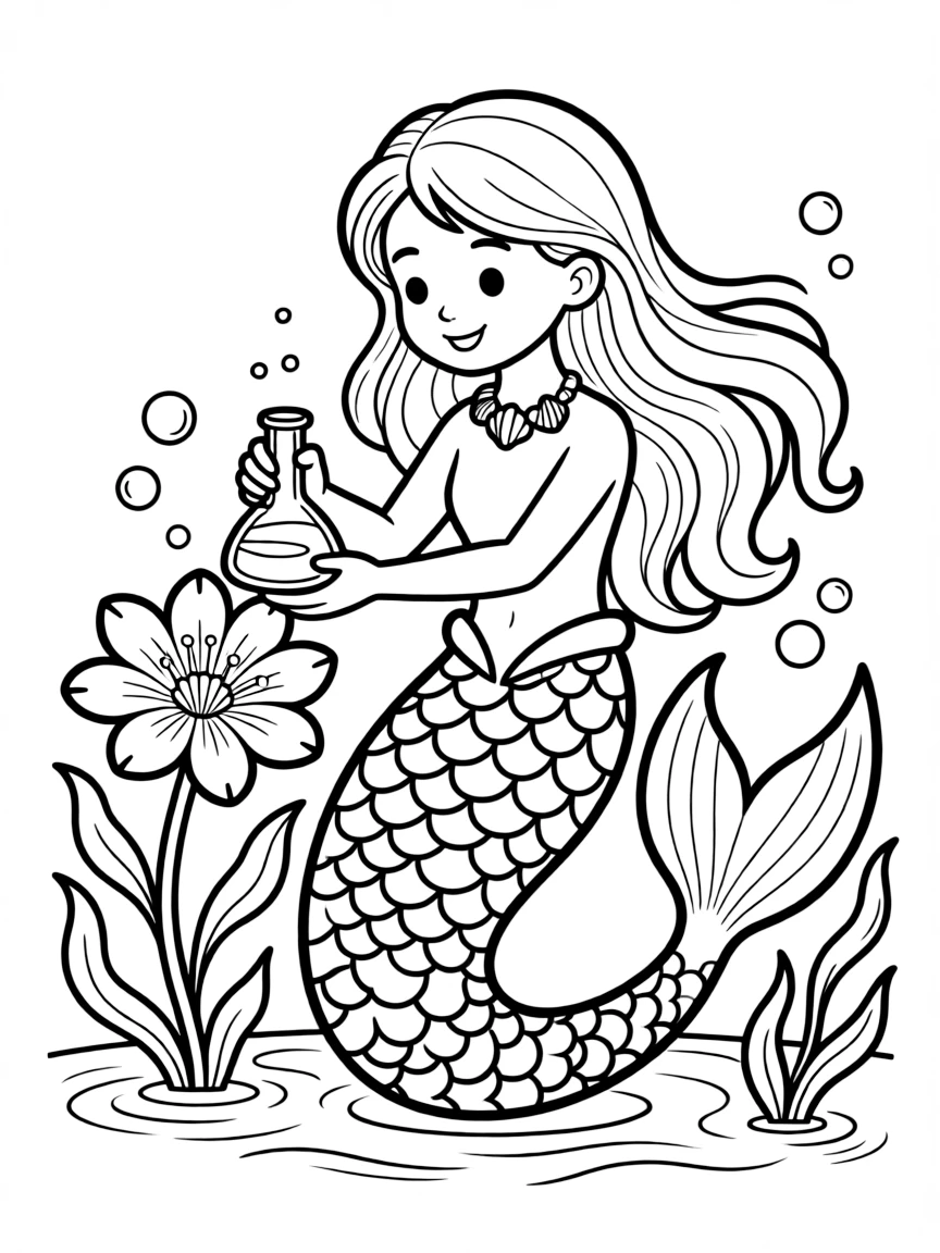 Mermaid perfumer distilling scents from rare underwater flowers