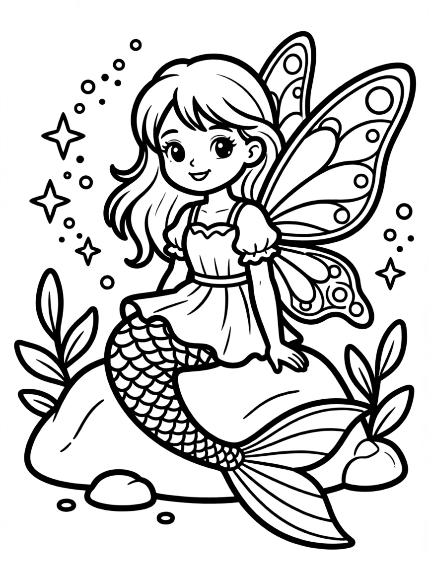 Fairy-mermaid with translucent butterfly-like fins and magical dust