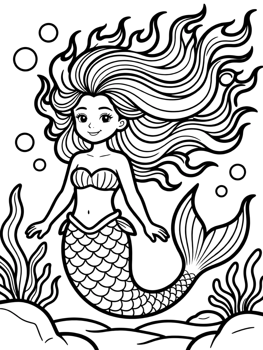 Mermaid-phoenix with fiery hair that burns even underwater