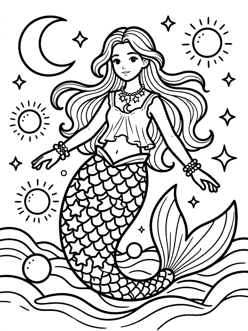 Celestial mermaid with star-patterned scales and cosmic energy powers