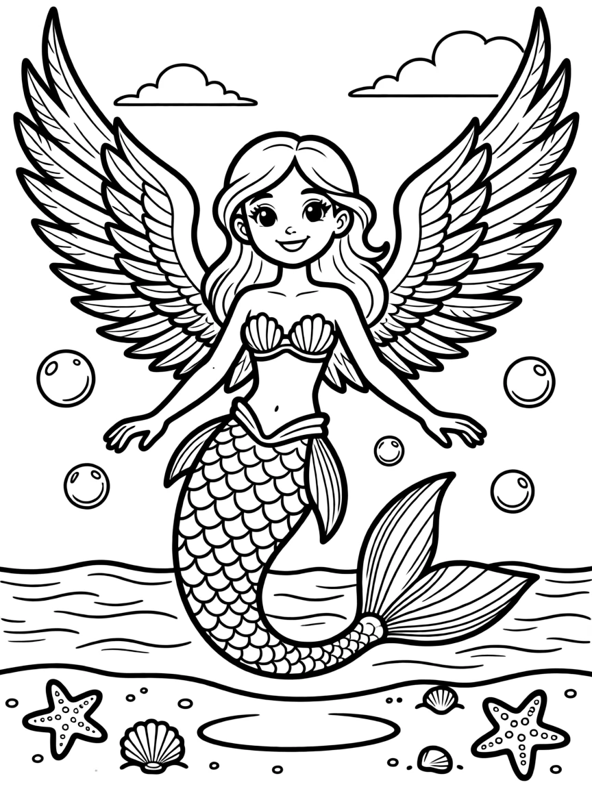 Mermaid-harpy with feathered fins instead of the typical fish tail