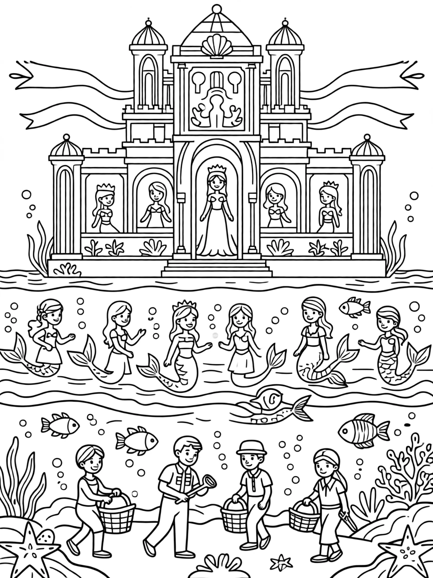 Mermaid city view showing different levels of society from palace to working class